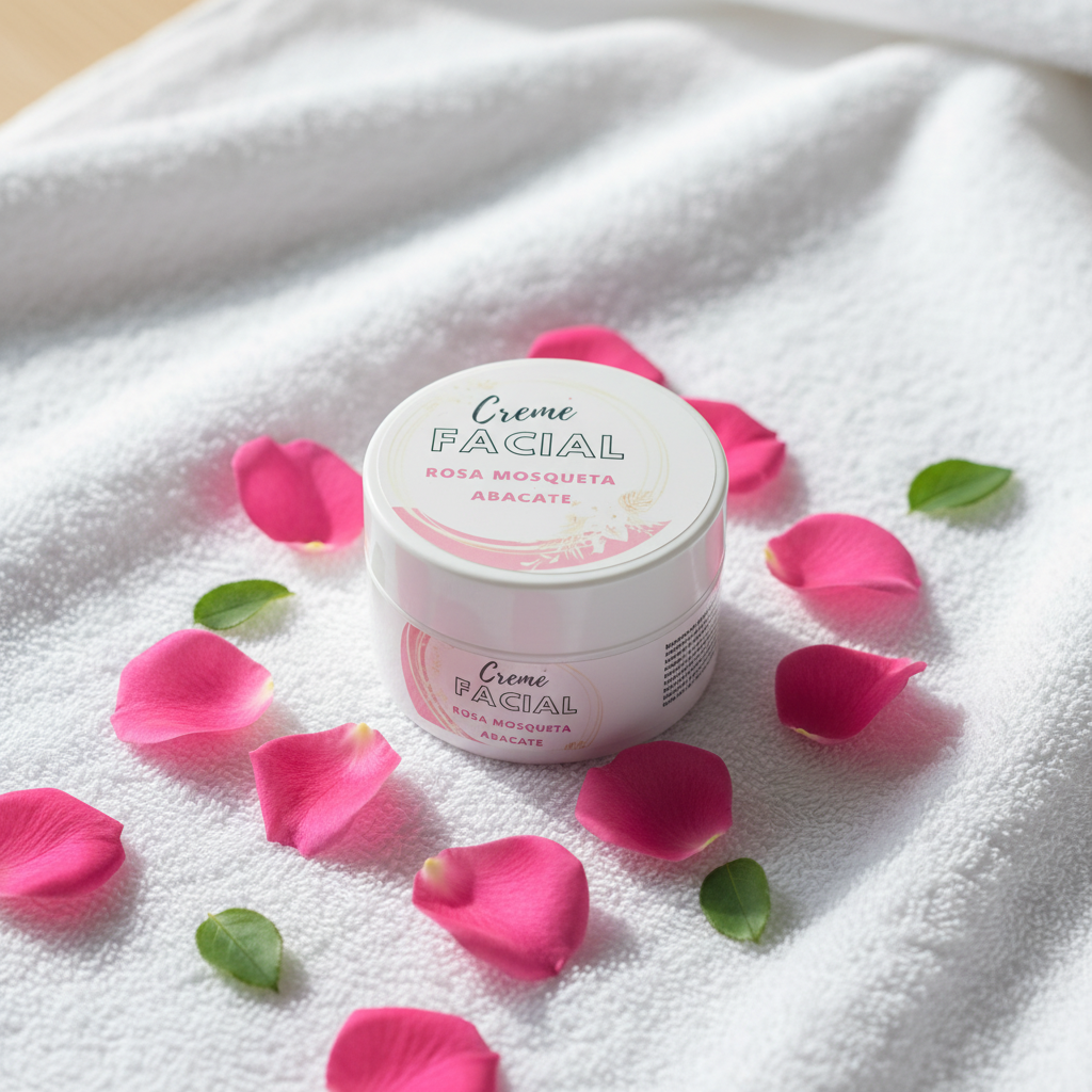 Creme facial Merci de rosa mosqueta e abacate, sobre toalha branca com pétalas de rosa