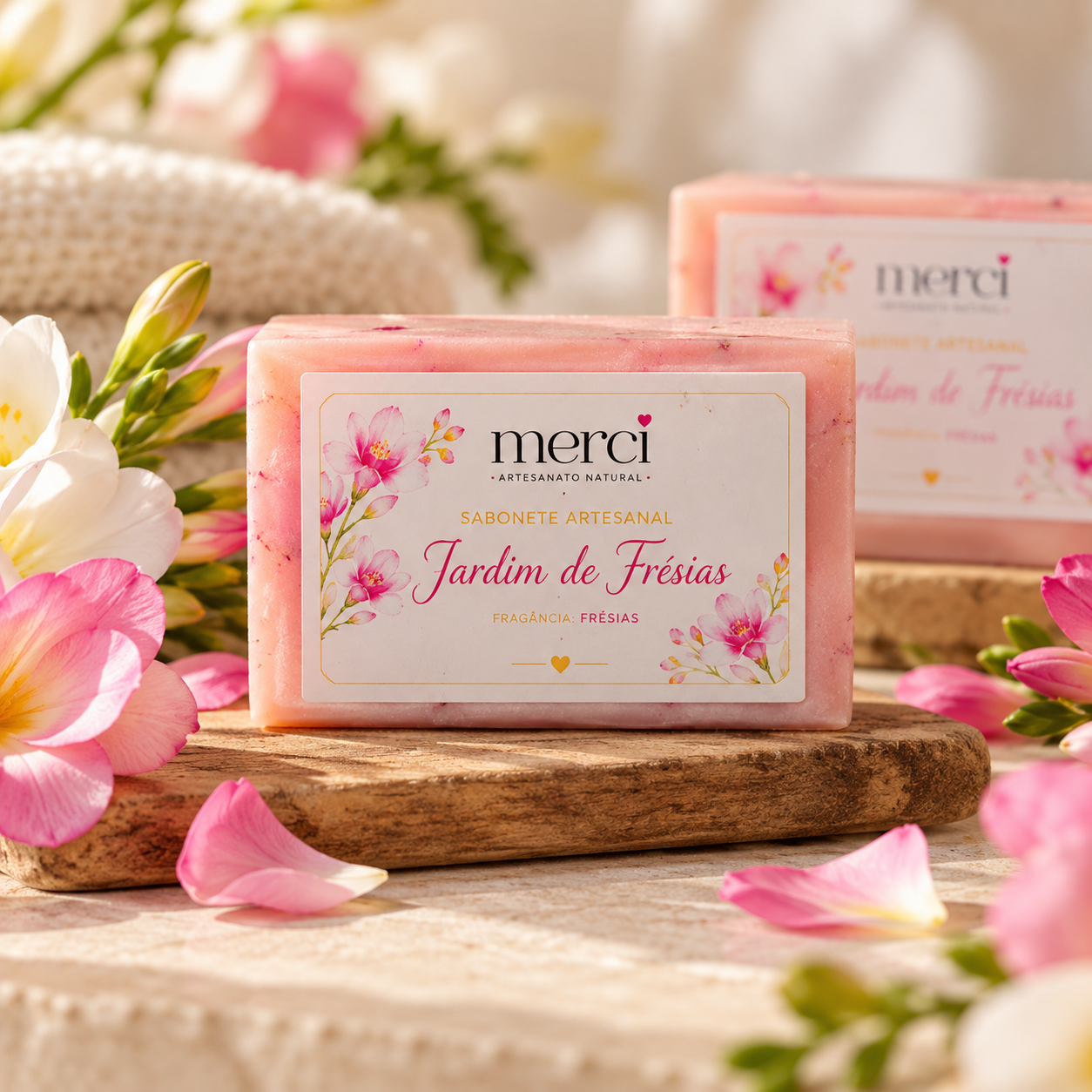 Sabonete artesanal Jardim de Frésias da Merci Artesanato, com pétalas e flores frescas