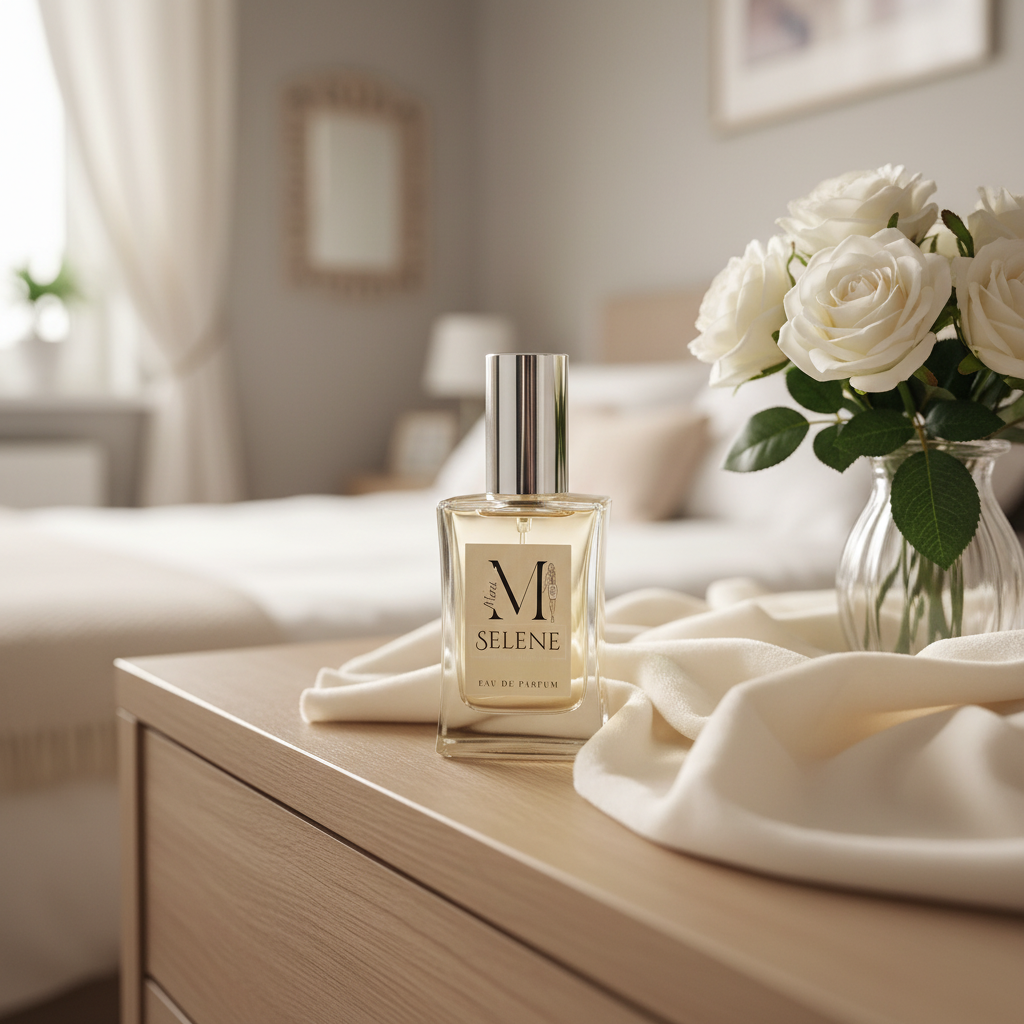 Frasco do perfume SELENE Merci sobre a cómoda clara, com rosas brancas em vaso